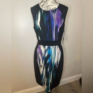 NWT Calvin Klein Black Blue and Purple Sheath Midi Dress